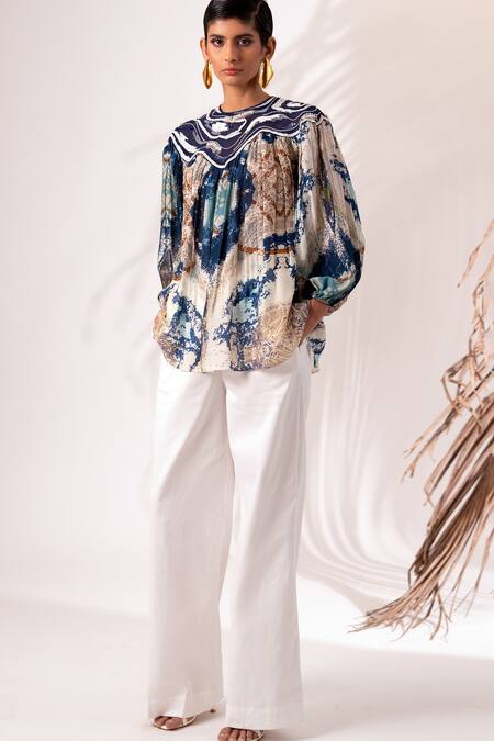 Buy Madder Much Multi Color Silk, Modal Embroidery High Arvo Abstract Paint Print Top Pant Set Buy_Madder Much_Multi Color Silk, Modal Embroidery High Arvo Abstract Paint Print Top Pant Set