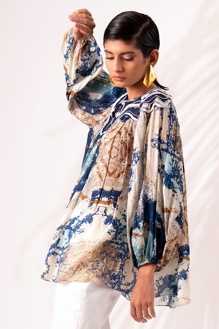 Shop Madder Much Multi Color Silk, Modal Embroidery High Arvo Abstract Paint Print Top Pant Set Shop_Madder Much_Multi Color Silk, Modal Embroidery High Arvo Abstract Paint Print Top Pant Set