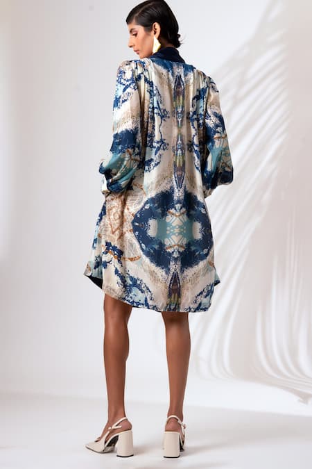 Shop_Madder Much_Multi Color Modal, Silk Baltic Abstract Paint Art Print Gathered Dress With Slip _at_Aza_Fashions