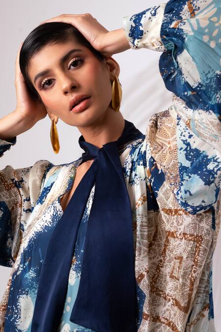 Madder Much_Multi Color Modal, Silk Baltic Abstract Paint Art Print Gathered Dress With Slip _Online_at_Aza_Fashions