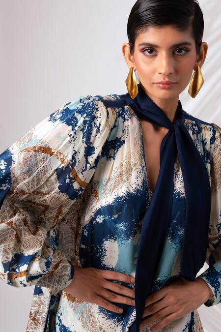 Buy_Madder Much_Multi Color Modal, Silk Baltic Abstract Paint Art Print Gathered Dress With Slip _Online_at_Aza_Fashions