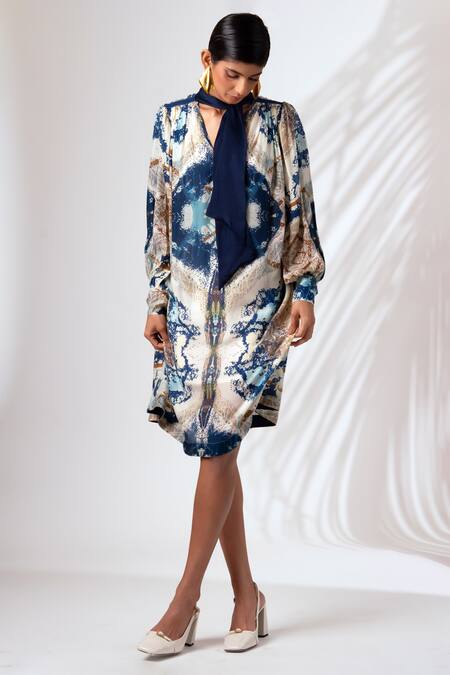 Shop_Madder Much_Multi Color Modal, Silk Baltic Abstract Paint Art Print Gathered Dress With Slip _Online_at_Aza_Fashions