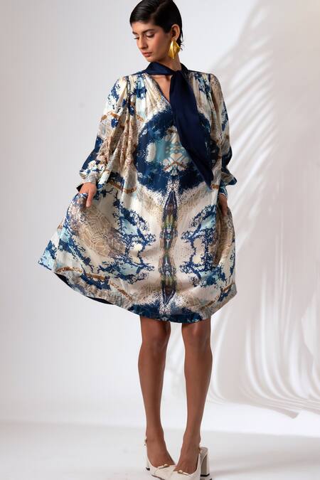 Madder Much_Multi Color Modal, Silk Baltic Abstract Paint Art Print Gathered Dress With Slip _at_Aza_Fashions