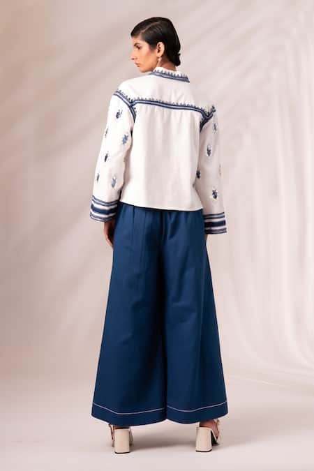 Shop_Madder Much_White Cotton Embroidery, Cosmo Embellished Top With Rico Pleated Culottes _at_Aza_Fashions