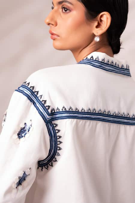 Madder Much_White Cotton Embroidery, Cosmo Embellished Top With Rico Pleated Culottes _Online_at_Aza_Fashions