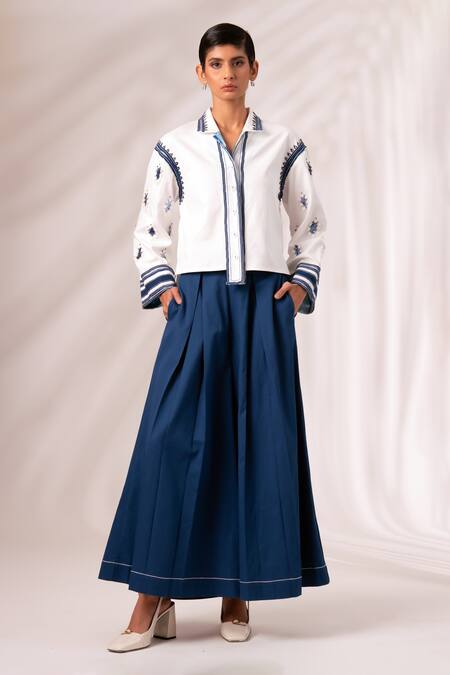 Madder Much_White Cotton Embroidery, Cosmo Embellished Top With Rico Pleated Culottes _at_Aza_Fashions