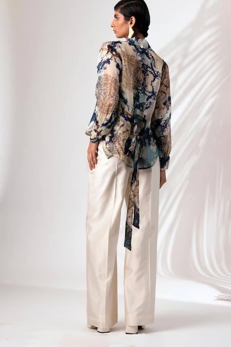 Shop Madder Much Blue Cotton Open Neck Multi Color Abstract Art Print Jacket Trouser Set at Aza Fashions Shop_Madder Much_Blue Cotton Open Neck Multi Color Abstract Art Print Jacket Trouser Set _at_Aza_Fashions