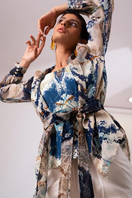 Madder Much Blue Cotton Open Neck Multi Color Abstract Art Print Jacket Trouser Set Online at Aza Fashions Madder Much_Blue Cotton Open Neck Multi Color Abstract Art Print Jacket Trouser Set _Online_at_Aza_Fashions