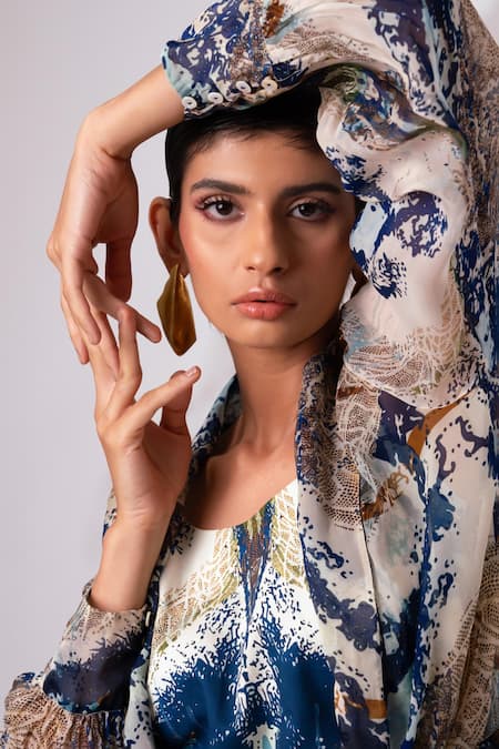 Shop Madder Much Blue Cotton Open Neck Multi Color Abstract Art Print Jacket Trouser Set Online at Aza Fashions Shop_Madder Much_Blue Cotton Open Neck Multi Color Abstract Art Print Jacket Trouser Set _Online_at_Aza_Fashions