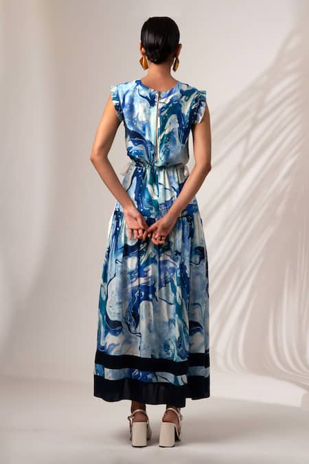 Shop_Madder Much_Multi Color Rayon, Modal Round Neck Denise Marble Tide Swirl Print Dress _at_Aza_Fashions