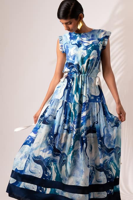Shop_Madder Much_Multi Color Rayon, Modal Round Neck Denise Marble Tide Swirl Print Dress _Online_at_Aza_Fashions
