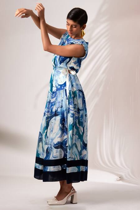 Madder Much_Multi Color Rayon, Modal Round Neck Denise Marble Tide Swirl Print Dress _at_Aza_Fashions