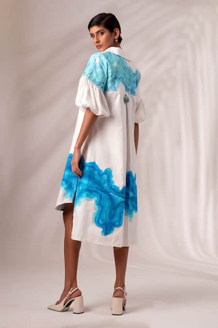 Shop Madder Much Multi Color Cotton, Twill Collared Doris Ripple Effect Midi Dress at Aza Fashions Shop_Madder Much_Multi Color Cotton, Twill Collared Doris Ripple Effect Midi Dress _at_Aza_Fashions