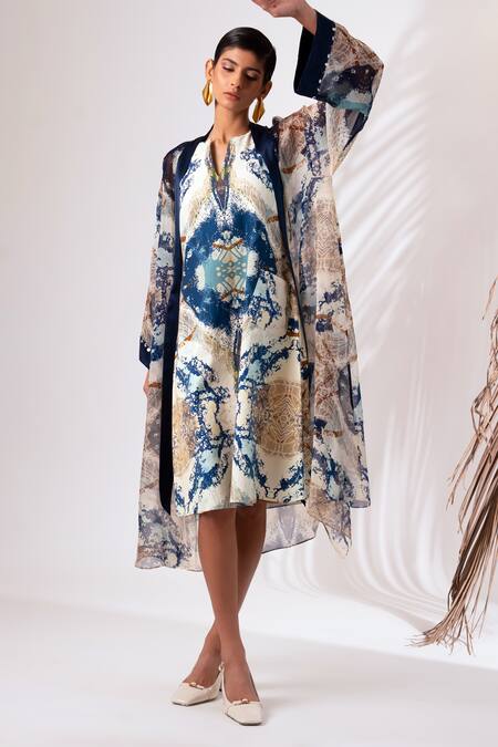 Madder Much Multi Color Organza, Cotton Sequins Boat Fogo Abstract Print Jacket With Dress at Aza Fashions Madder Much_Multi Color Organza, Cotton Sequins Boat Fogo Abstract Print Jacket With Dress _at_Aza_Fashions