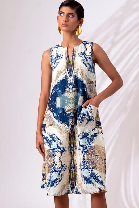 Shop Madder Much Multi Color Organza, Cotton Sequins Boat Fogo Abstract Print Jacket With Dress Shop_Madder Much_Multi Color Organza, Cotton Sequins Boat Fogo Abstract Print Jacket With Dress