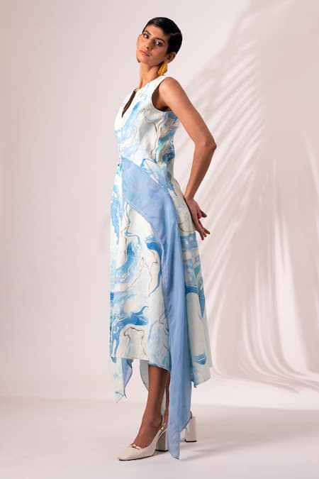 Shop_Madder Much_Multi Color Cotton, Twill Round Masha Ripple Wave Print Asymmetric Bow Dress _at_Aza_Fashions