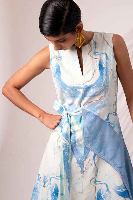 Madder Much_Multi Color Cotton, Twill Round Masha Ripple Wave Print Asymmetric Bow Dress _Online_at_Aza_Fashions