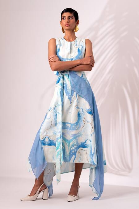 Buy_Madder Much_Multi Color Cotton, Twill Round Masha Ripple Wave Print Asymmetric Bow Dress _Online_at_Aza_Fashions