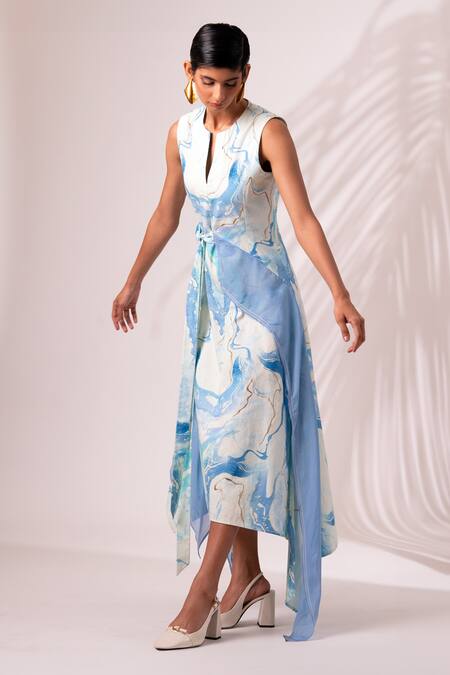Shop_Madder Much_Multi Color Cotton, Twill Round Masha Ripple Wave Print Asymmetric Bow Dress _Online_at_Aza_Fashions