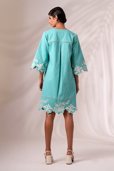 Shop Madder Much Green Cotton Cut Work Round Neck Flared Sleeve Gardenia Embroidered Dress at Aza Fashions Shop_Madder Much_Green Cotton Cut Work Round Neck Flared Sleeve Gardenia Embroidered Dress _at_Aza_Fashions