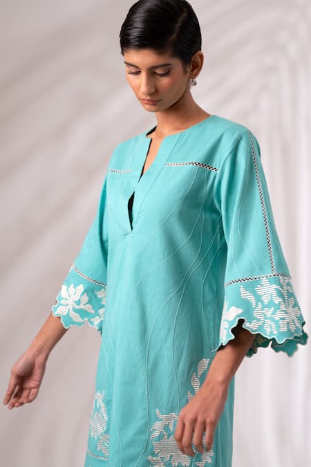 Madder Much Green Cotton Cut Work Round Neck Flared Sleeve Gardenia Embroidered Dress Online at Aza Fashions Madder Much_Green Cotton Cut Work Round Neck Flared Sleeve Gardenia Embroidered Dress _Online_at_Aza_Fashions
