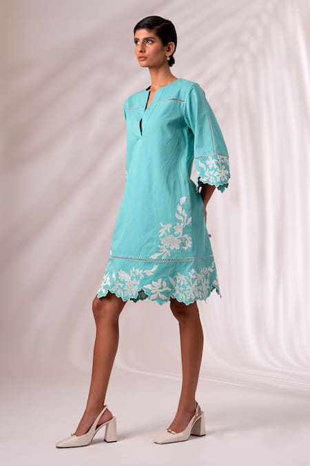 Buy Madder Much Green Cotton Cut Work Round Neck Flared Sleeve Gardenia Embroidered Dress Online at Aza Fashions Buy_Madder Much_Green Cotton Cut Work Round Neck Flared Sleeve Gardenia Embroidered Dress _Online_at_Aza_Fashions