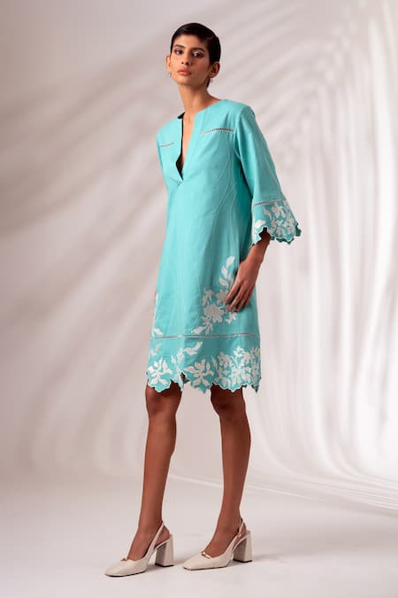 Shop Madder Much Green Cotton Cut Work Round Neck Flared Sleeve Gardenia Embroidered Dress Online at Aza Fashions Shop_Madder Much_Green Cotton Cut Work Round Neck Flared Sleeve Gardenia Embroidered Dress _Online_at_Aza_Fashions