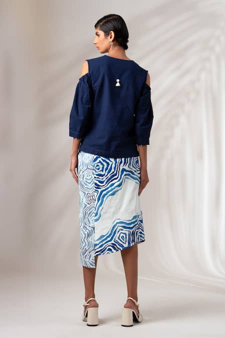 Shop Madder Much Blue Cotton Beads High Neck Mia Solid Top With Ripple Print Wrap Skirt at Aza Fashions Shop_Madder Much_Blue Cotton Beads High Neck Mia Solid Top With Ripple Print Wrap Skirt _at_Aza_Fashions