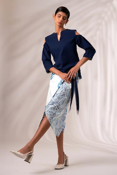 Madder Much Blue Cotton Beads High Neck Mia Solid Top With Ripple Print Wrap Skirt Online at Aza Fashions Madder Much_Blue Cotton Beads High Neck Mia Solid Top With Ripple Print Wrap Skirt _Online_at_Aza_Fashions