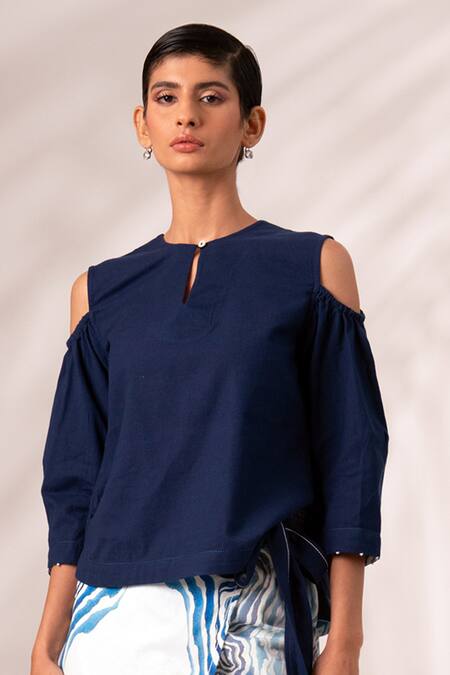 Shop Madder Much Blue Cotton Beads High Neck Mia Solid Top With Ripple Print Wrap Skirt Online at Aza Fashions Shop_Madder Much_Blue Cotton Beads High Neck Mia Solid Top With Ripple Print Wrap Skirt _Online_at_Aza_Fashions