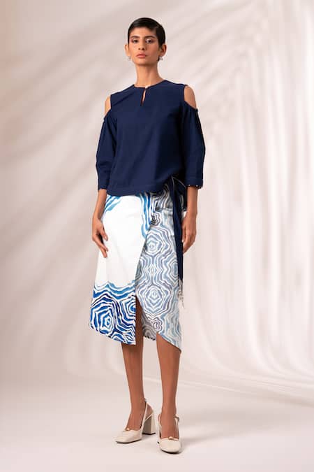 Buy Madder Much Blue Cotton Beads High Neck Mia Solid Top With Ripple Print Wrap Skirt Buy_Madder Much_Blue Cotton Beads High Neck Mia Solid Top With Ripple Print Wrap Skirt