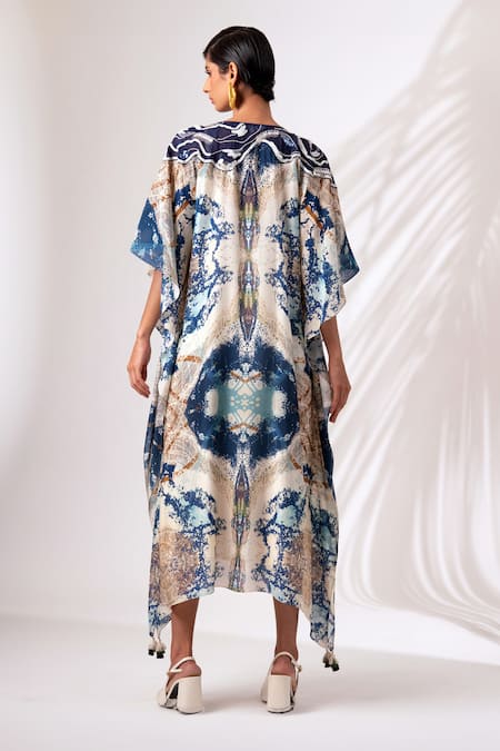 Shop Madder Much Multi Color Modal, Silk Embroidery Round Neck Serena Abstract Ocean Print Kaftan at Aza Fashions Shop_Madder Much_Multi Color Modal, Silk Embroidery Round Neck Serena Abstract Ocean Print Kaftan _at_Aza_Fashions