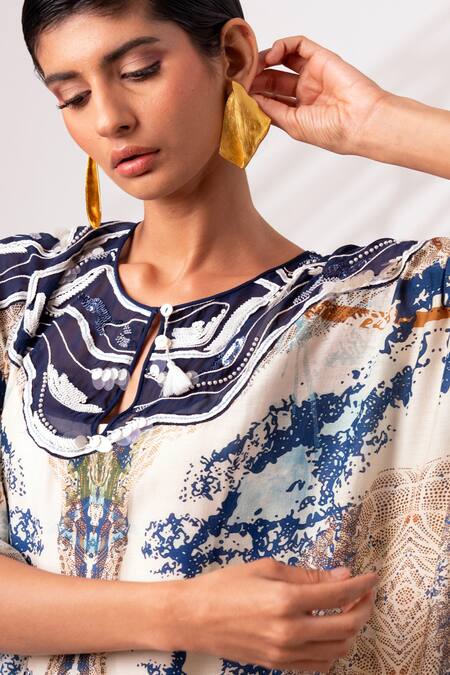 Madder Much Multi Color Modal, Silk Embroidery Round Neck Serena Abstract Ocean Print Kaftan Online at Aza Fashions Madder Much_Multi Color Modal, Silk Embroidery Round Neck Serena Abstract Ocean Print Kaftan _Online_at_Aza_Fashions