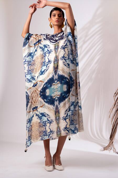 Buy Madder Much Multi Color Modal, Silk Embroidery Round Neck Serena Abstract Ocean Print Kaftan Online at Aza Fashions Buy_Madder Much_Multi Color Modal, Silk Embroidery Round Neck Serena Abstract Ocean Print Kaftan _Online_at_Aza_Fashions