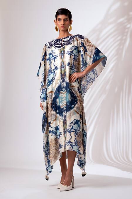 Shop Madder Much Multi Color Modal, Silk Embroidery Round Neck Serena Abstract Ocean Print Kaftan Online at Aza Fashions Shop_Madder Much_Multi Color Modal, Silk Embroidery Round Neck Serena Abstract Ocean Print Kaftan _Online_at_Aza_Fashions