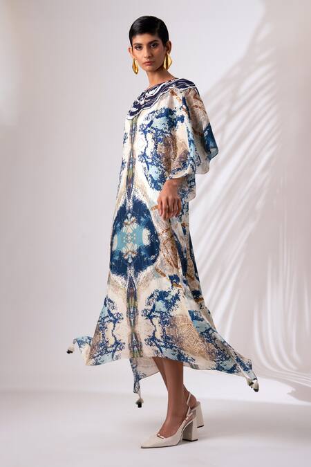 Madder Much Multi Color Modal, Silk Embroidery Round Neck Serena Abstract Ocean Print Kaftan at Aza Fashions Madder Much_Multi Color Modal, Silk Embroidery Round Neck Serena Abstract Ocean Print Kaftan _at_Aza_Fashions