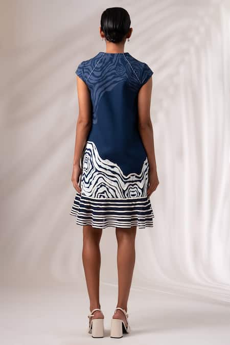 Shop Madder Much Blue Cotton, Organza High Neck Yara Wave Print Short Dress at Aza Fashions Shop_Madder Much_Blue Cotton, Organza High Neck Yara Wave Print Short Dress _at_Aza_Fashions