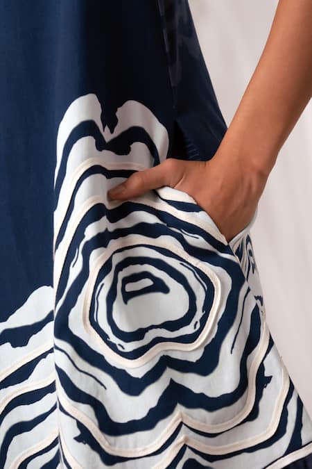 Madder Much Blue Cotton, Organza High Neck Yara Wave Print Short Dress Online at Aza Fashions Madder Much_Blue Cotton, Organza High Neck Yara Wave Print Short Dress _Online_at_Aza_Fashions