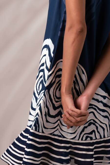 Shop Madder Much Blue Cotton, Organza High Neck Yara Wave Print Short Dress Online at Aza Fashions Shop_Madder Much_Blue Cotton, Organza High Neck Yara Wave Print Short Dress _Online_at_Aza_Fashions