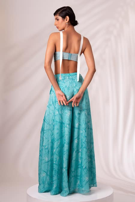 Shop Madder Much Green Chiffon, Rayon Cut Work Square Neck Zuri Hydro Wave Print Cape Skirt Set at Aza Fashions Shop_Madder Much_Green Chiffon, Rayon Cut Work Square Neck Zuri Hydro Wave Print Cape Skirt Set _at_Aza_Fashions