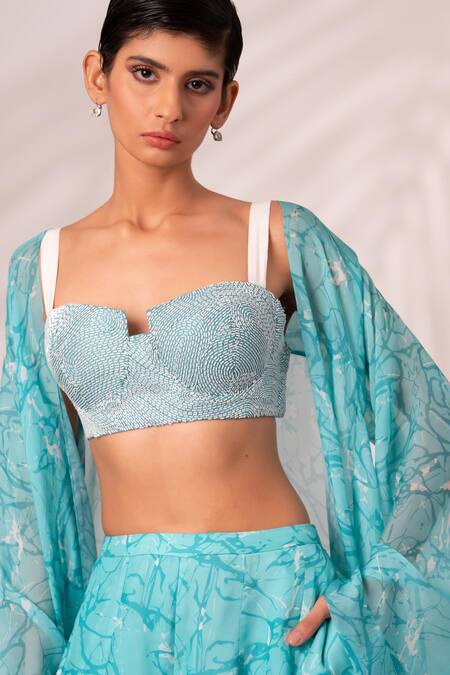 Madder Much Green Chiffon, Rayon Cut Work Square Neck Zuri Hydro Wave Print Cape Skirt Set Online at Aza Fashions Madder Much_Green Chiffon, Rayon Cut Work Square Neck Zuri Hydro Wave Print Cape Skirt Set _Online_at_Aza_Fashions