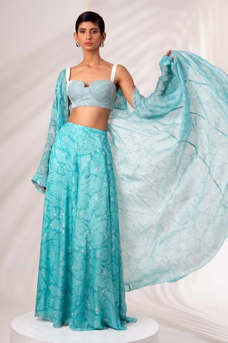 Buy Madder Much Green Chiffon, Rayon Cut Work Square Neck Zuri Hydro Wave Print Cape Skirt Set Online at Aza Fashions Buy_Madder Much_Green Chiffon, Rayon Cut Work Square Neck Zuri Hydro Wave Print Cape Skirt Set _Online_at_Aza_Fashions