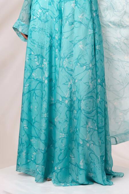 Shop Madder Much Green Chiffon, Rayon Cut Work Square Neck Zuri Hydro Wave Print Cape Skirt Set Online at Aza Fashions Shop_Madder Much_Green Chiffon, Rayon Cut Work Square Neck Zuri Hydro Wave Print Cape Skirt Set _Online_at_Aza_Fashions