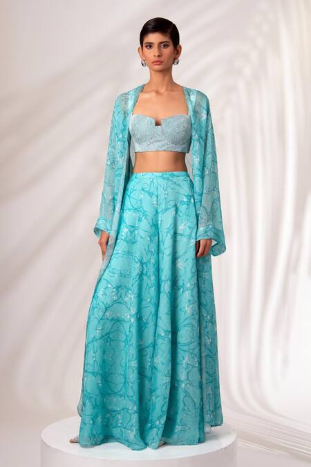 Madder Much Green Chiffon, Rayon Cut Work Square Neck Zuri Hydro Wave Print Cape Skirt Set at Aza Fashions Madder Much_Green Chiffon, Rayon Cut Work Square Neck Zuri Hydro Wave Print Cape Skirt Set _at_Aza_Fashions