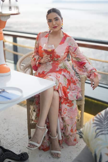 Shop Mandira Wirk Resort Coral Chiffon Pattern Plunge V Neck Tiered Print Dress Online at Aza Fashions Shop_Mandira Wirk Resort_Coral Chiffon Pattern Plunge V Neck Tiered Print Dress _Online_at_Aza_Fashions