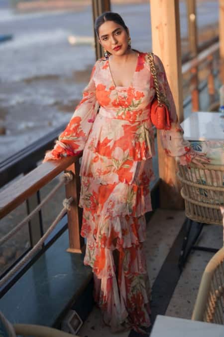 Mandira Wirk Resort Coral Chiffon Pattern Plunge V Neck Tiered Print Dress at Aza Fashions Mandira Wirk Resort_Coral Chiffon Pattern Plunge V Neck Tiered Print Dress _at_Aza_Fashions