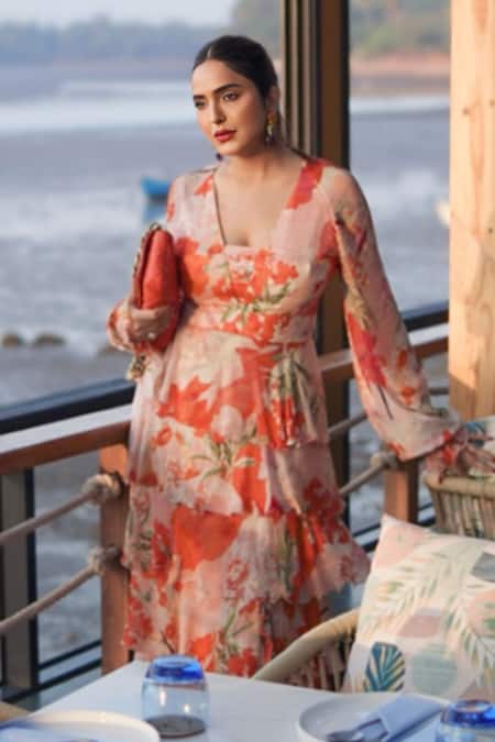 Buy Mandira Wirk Resort Coral Chiffon Pattern Plunge V Neck Tiered Print Dress Buy_Mandira Wirk Resort_Coral Chiffon Pattern Plunge V Neck Tiered Print Dress