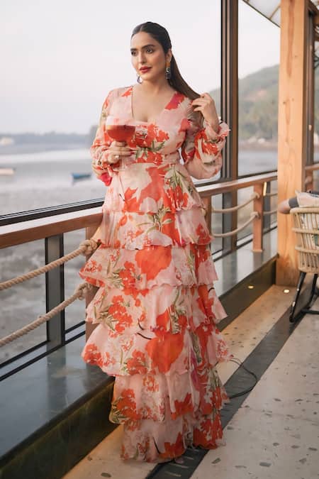 Shop Mandira Wirk Resort Coral Chiffon Pattern Plunge V Neck Tiered Print Dress Shop_Mandira Wirk Resort_Coral Chiffon Pattern Plunge V Neck Tiered Print Dress