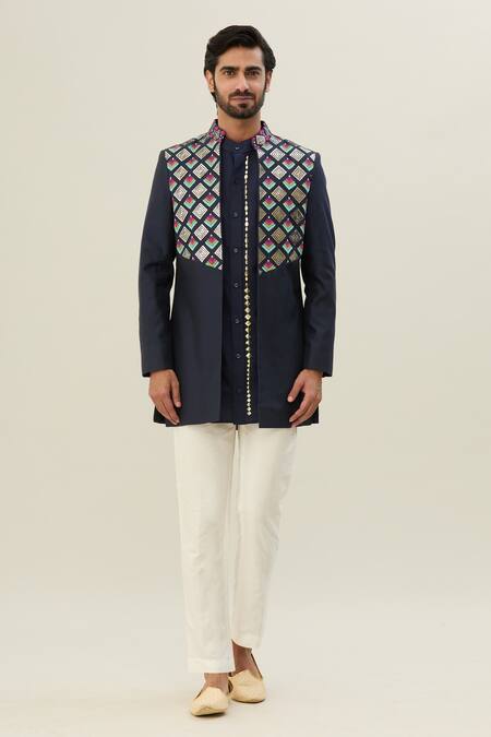 Diyarajvvir Blue Cotton, Silk Embroidery Acrylic Jacket Kurta Set Online at Aza Fashions Diyarajvvir_Blue Cotton, Silk Embroidery Acrylic Jacket Kurta Set _Online_at_Aza_Fashions
