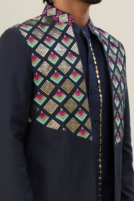 Shop Diyarajvvir Blue Cotton, Silk Embroidery Acrylic Jacket Kurta Set Online at Aza Fashions Shop_Diyarajvvir_Blue Cotton, Silk Embroidery Acrylic Jacket Kurta Set _Online_at_Aza_Fashions